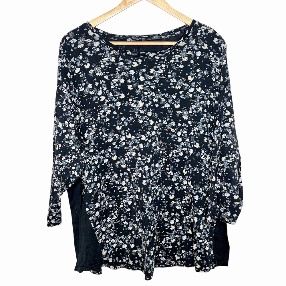 J Jill Floral Pima 3/4 Sleeve Tee Navy Blue Womens Size 2X Knit Top Cottagecore